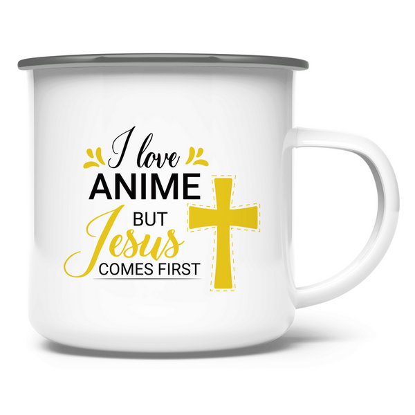 Emaille Tasse i love anime but jesus comes first