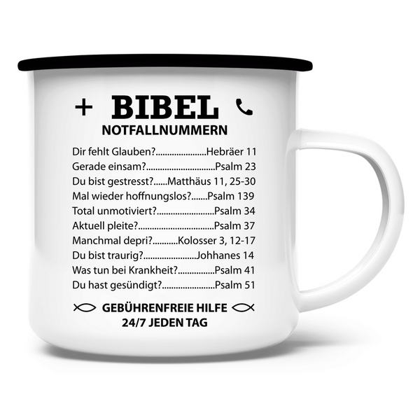 Emaille Tasse bibel notfallnummern