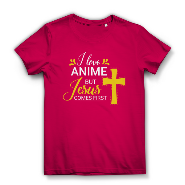 Damen Bio T-Shirt i love anime but jesus comes first