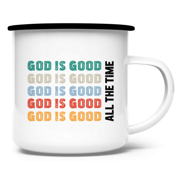 Emaille Tasse god is good schriftzug