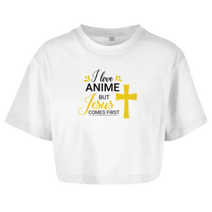 Damen Oversize Crop Top i love anime but jesus comes first