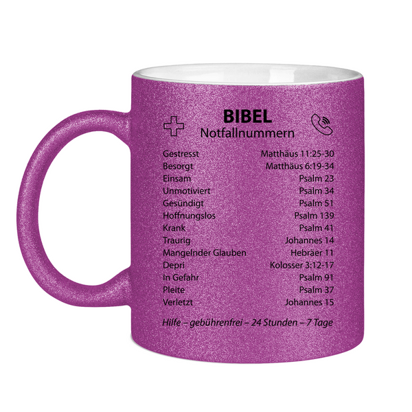 Glitzertasse bibel notfallnummern verse