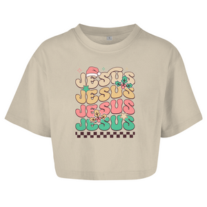 Damen Oversize Crop Top jesus weihnachtsmotiv
