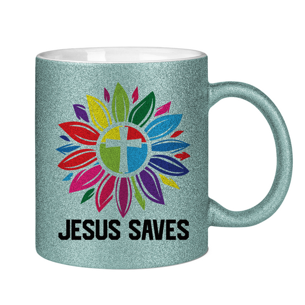 Glitzertasse jesus saves blume