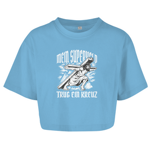 Damen Oversize Crop Top mein superheld trug ein kreuz