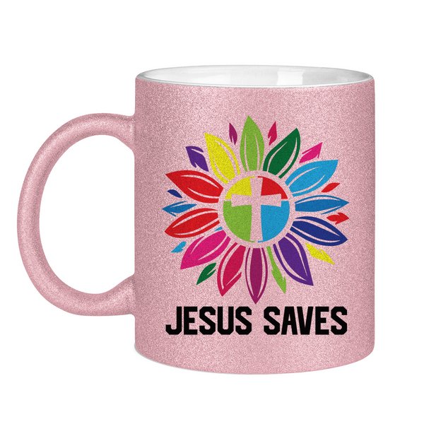 Glitzertasse jesus saves blume