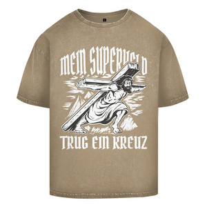 Oversize Washed T-Shirt mein superheld trug ein kreuz