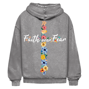 Oversize Washed Hoodie faith over fear blumen kreuz