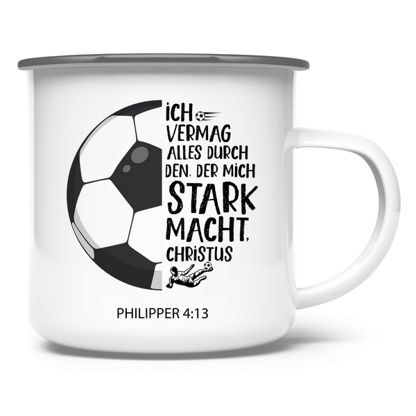 Emaille Tasse der mich stark macht philipper 4:13 fußballer