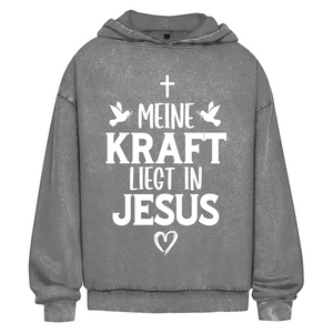 Oversize Washed Hoodie meine kraft liegt in jesus
