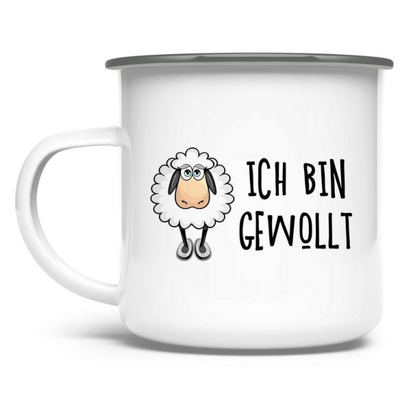 Emaille Tasse schaf ich bin gewollt