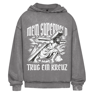 Oversize Washed Hoodie mein superheld trug ein kreuz