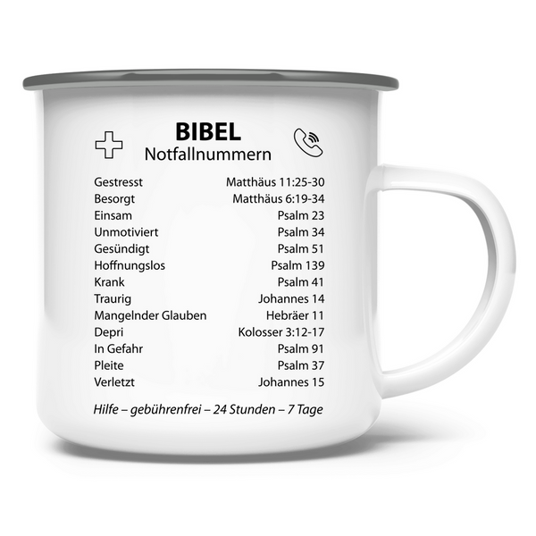 Emaille Tasse bibel notfallnummern verse