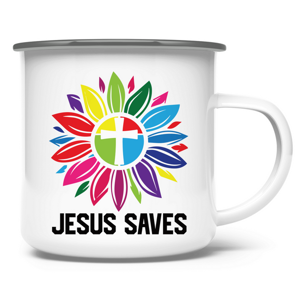 Emaille Tasse jesus saves blume