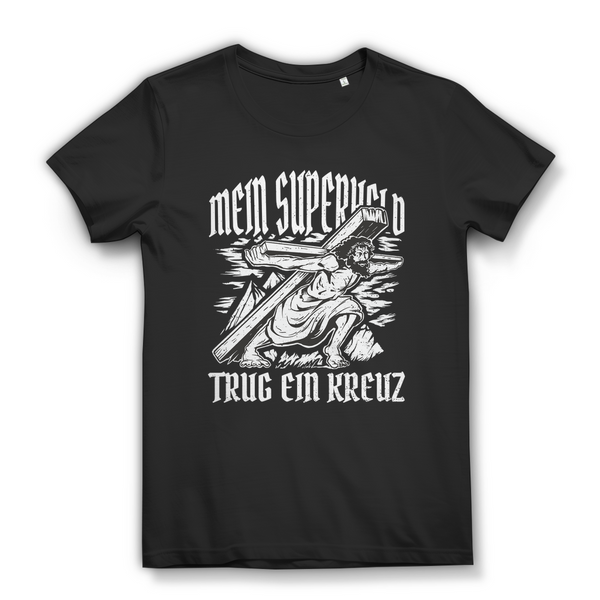 Damen Bio T-Shirt mein superheld trug ein kreuz