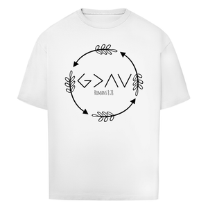 Oversize T-Shirt god greater than highs lows romans 8:28