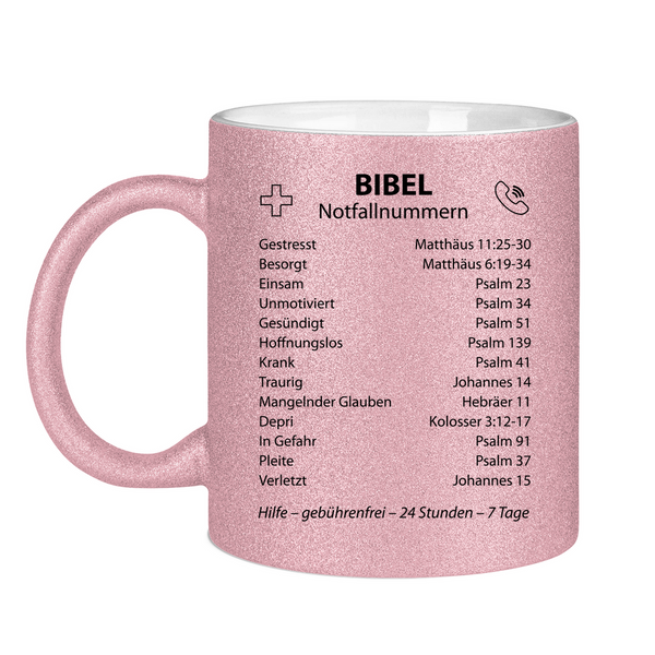 Glitzertasse bibel notfallnummern verse