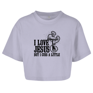 Damen Oversize Crop Top i love jesus but i cuss a little