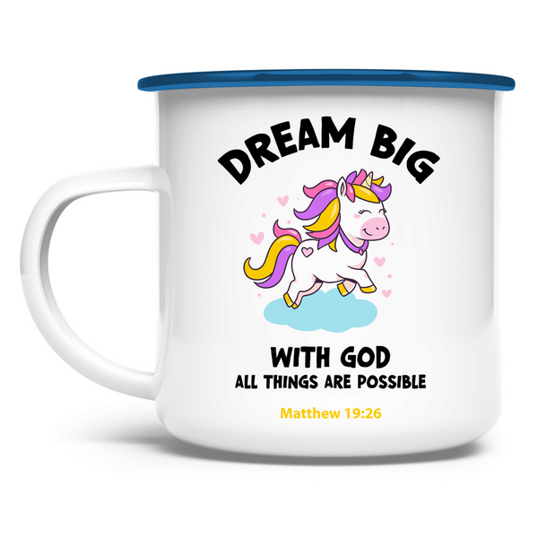 Emaille Tasse einhorn all things are possible matthew 19:26