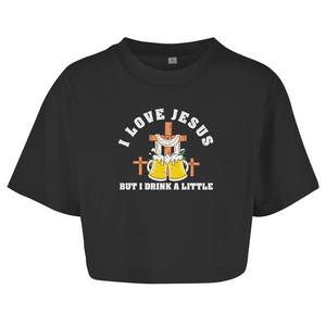 Damen Oversize Crop Top i love jesus but i drink a little bier