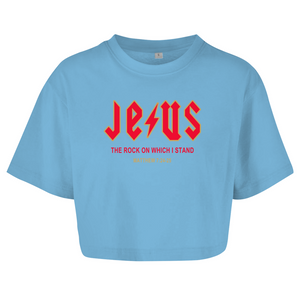 Damen Oversize Crop Top jesus the rock matthew 7:24-25