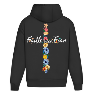 Oversize Hoodie Ohne Kordel faith over fear blumen kreuz