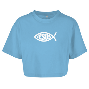 Damen Oversize Crop Top fisch symbol ICHTHYS Jesus
