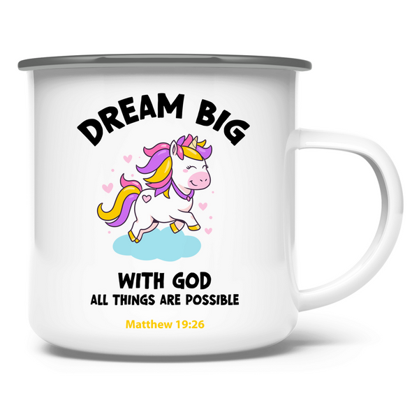 Emaille Tasse einhorn all things are possible matthew 19:26