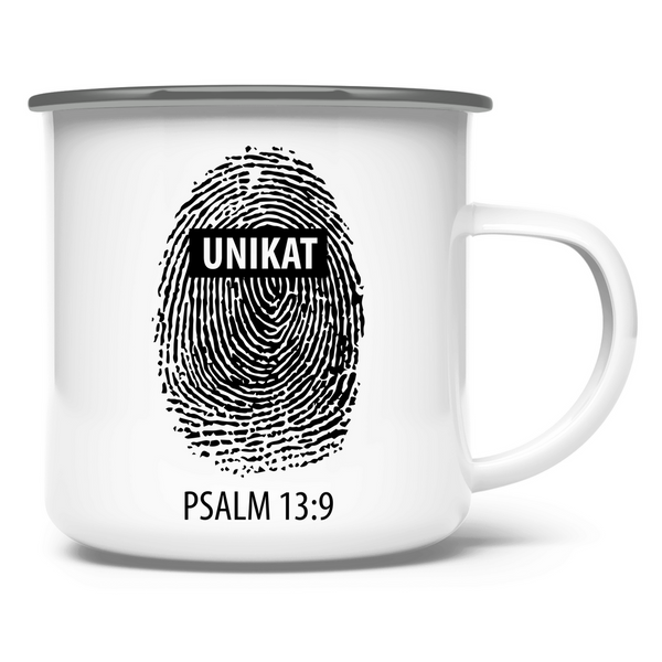 Emaille Tasse unikat fingerabdruck psalm 13:9