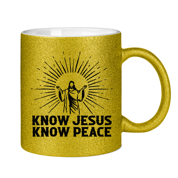 Glitzertasse know jesus know peace