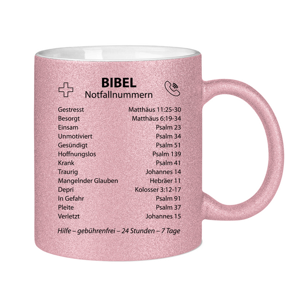 Glitzertasse bibel notfallnummern verse