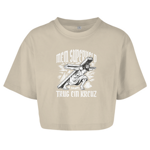 Damen Oversize Crop Top mein superheld trug ein kreuz