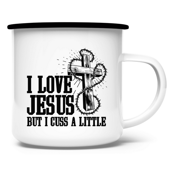 Emaille Tasse i love jesus but i cuss a little