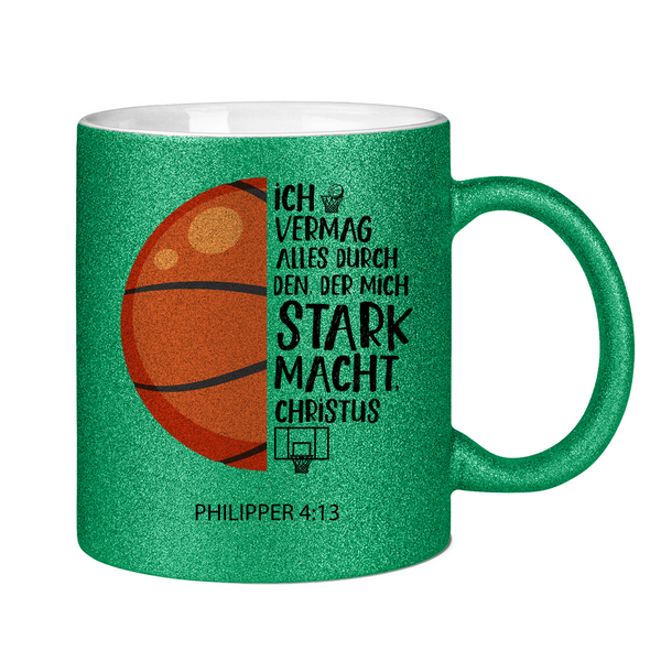 Glitzertasse der mich stark macht philipper 4:13 basketball