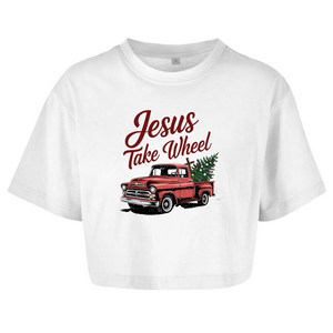 Damen Oversize Crop Top jesus take wheel