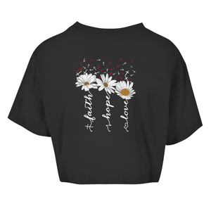 Damen Oversize Crop Top faith hope love blumen