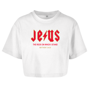 Damen Oversize Crop Top jesus the rock matthew 7:24-25