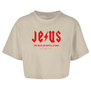 Damen Oversize Crop Top jesus the rock matthew 7:24-25