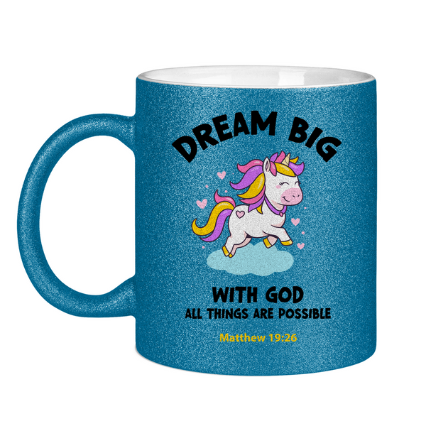 Glitzertasse einhorn all things are possible matthew 19:26