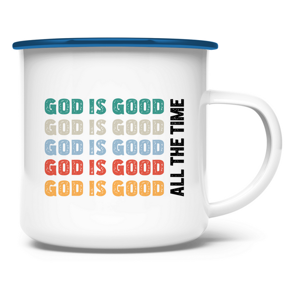 Emaille Tasse god is good schriftzug