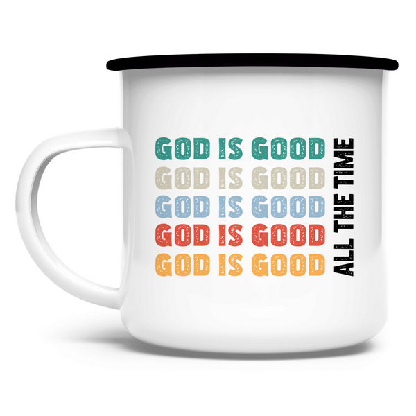 Emaille Tasse god is good schriftzug