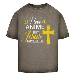 Oversize Washed T-Shirt i love anime but jesus comes first