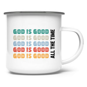 Emaille Tasse god is good schriftzug