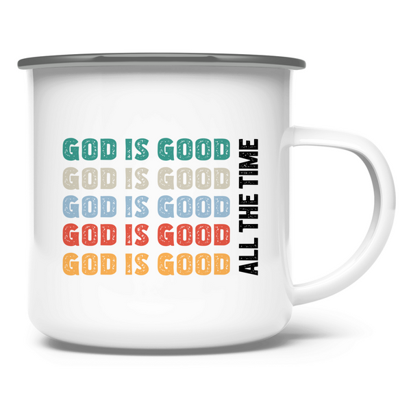 Emaille Tasse god is good schriftzug