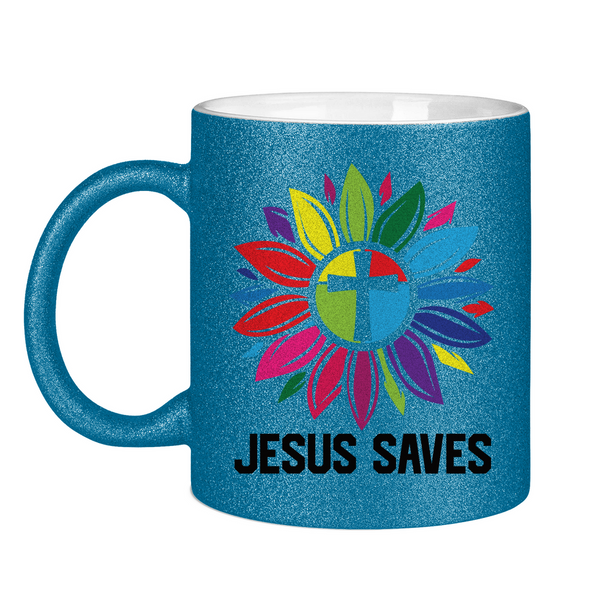 Glitzertasse jesus saves blume