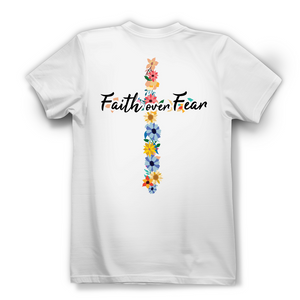 Damen Bio T-Shirt faith over fear blumen kreuz