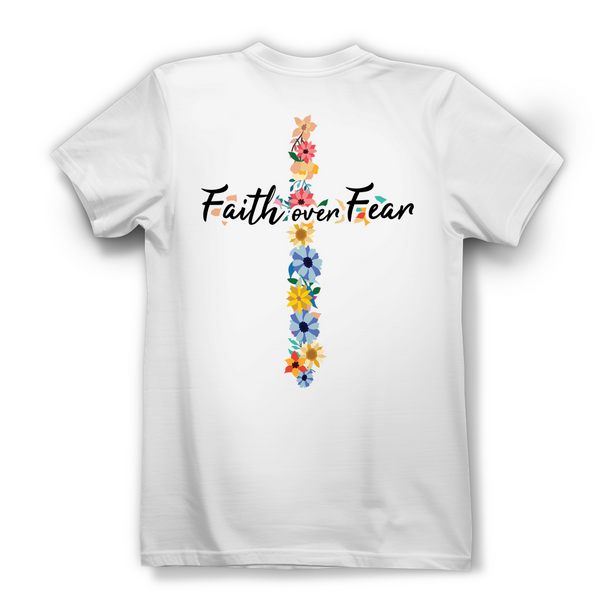 Damen Bio T-Shirt faith over fear blumen kreuz