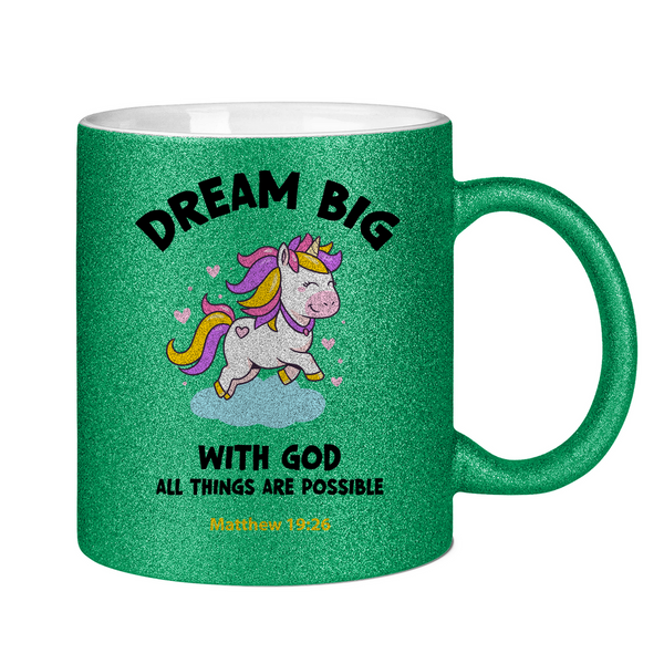 Glitzertasse einhorn all things are possible matthew 19:26