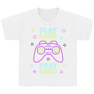 Kinder T-Shirt play hard pray hard 1 thess 5:17 gamer