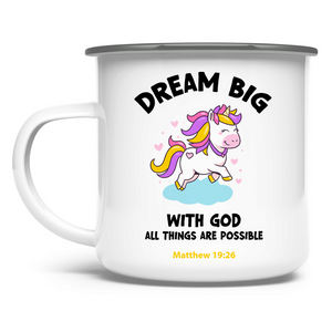 Emaille Tasse einhorn all things are possible matthew 19:26